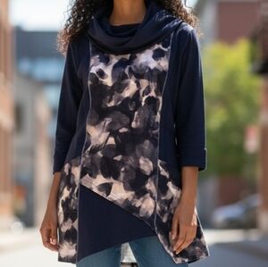 NEW! 1X Parsley & Sage Black and Peach Abstract-Print Cowl Top 4321